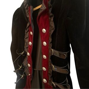 Edgy Victorian-Inspired Velvet Military Jacket - Black & Burgundy